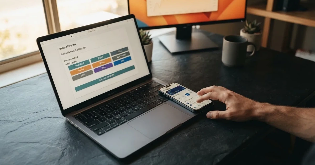 A smartphone screen showing a digital wallet balance next to a laptop cashier page.