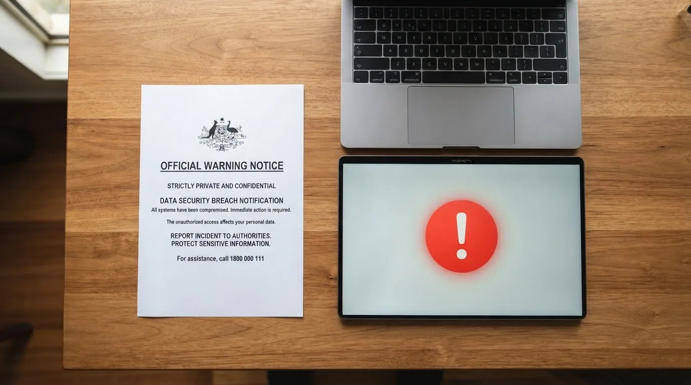 A printed government warning notice on a desk beside a laptop with a red alert icon on the screen.