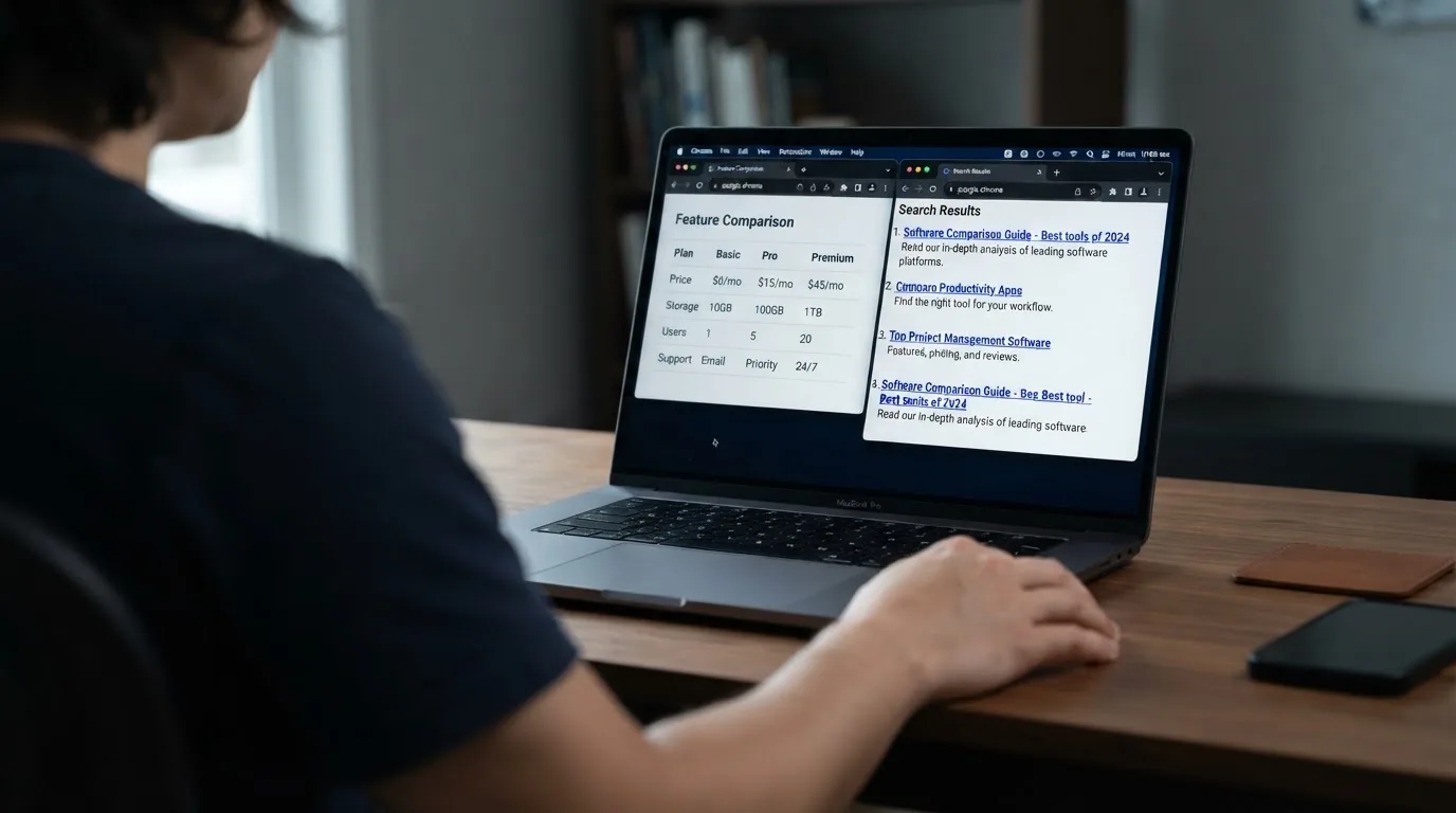 A laptop screen split between two browser tabs, one showing a comparison table and the other a search results page.