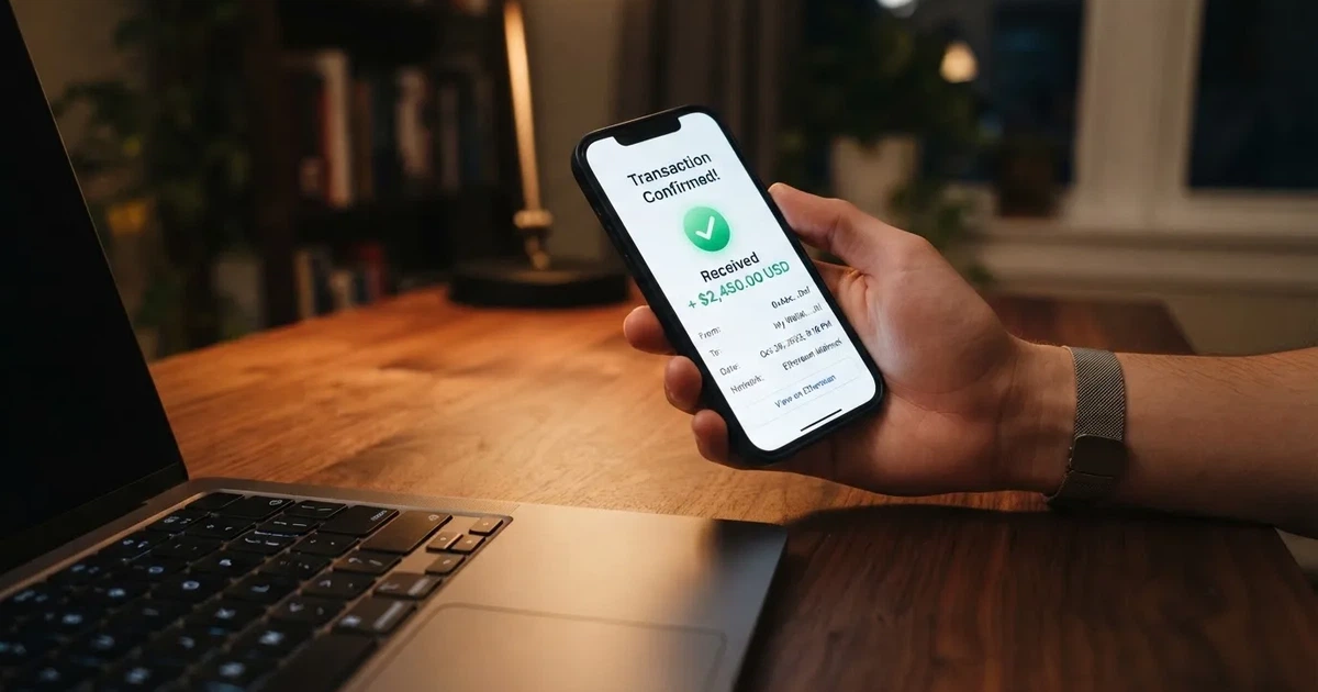 A phone displaying a blockchain transaction confirmation screen next to a laptop keyboard.