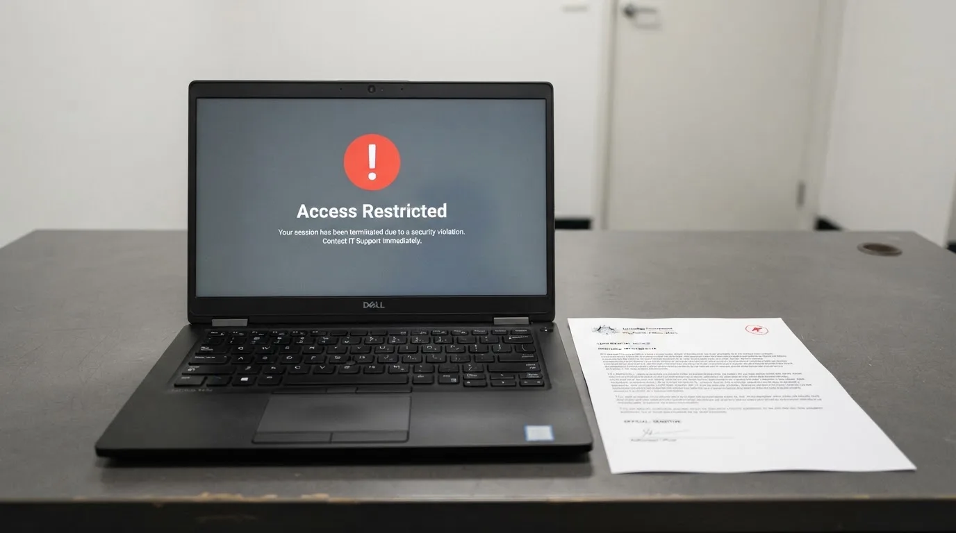 A printed government warning notice on a desk beside a laptop with a red alert icon on the screen.