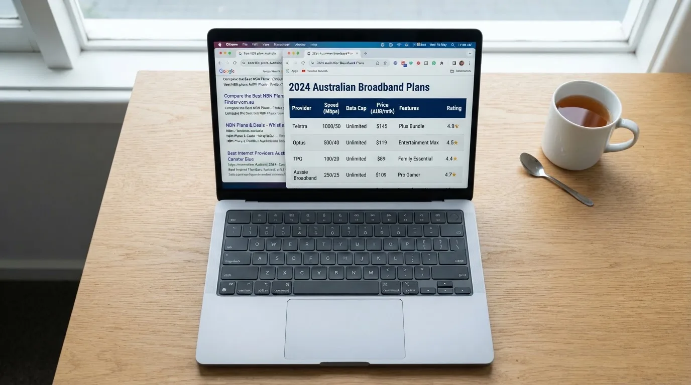 A laptop screen split between two browser tabs, one showing a comparison table and the other a search results page.