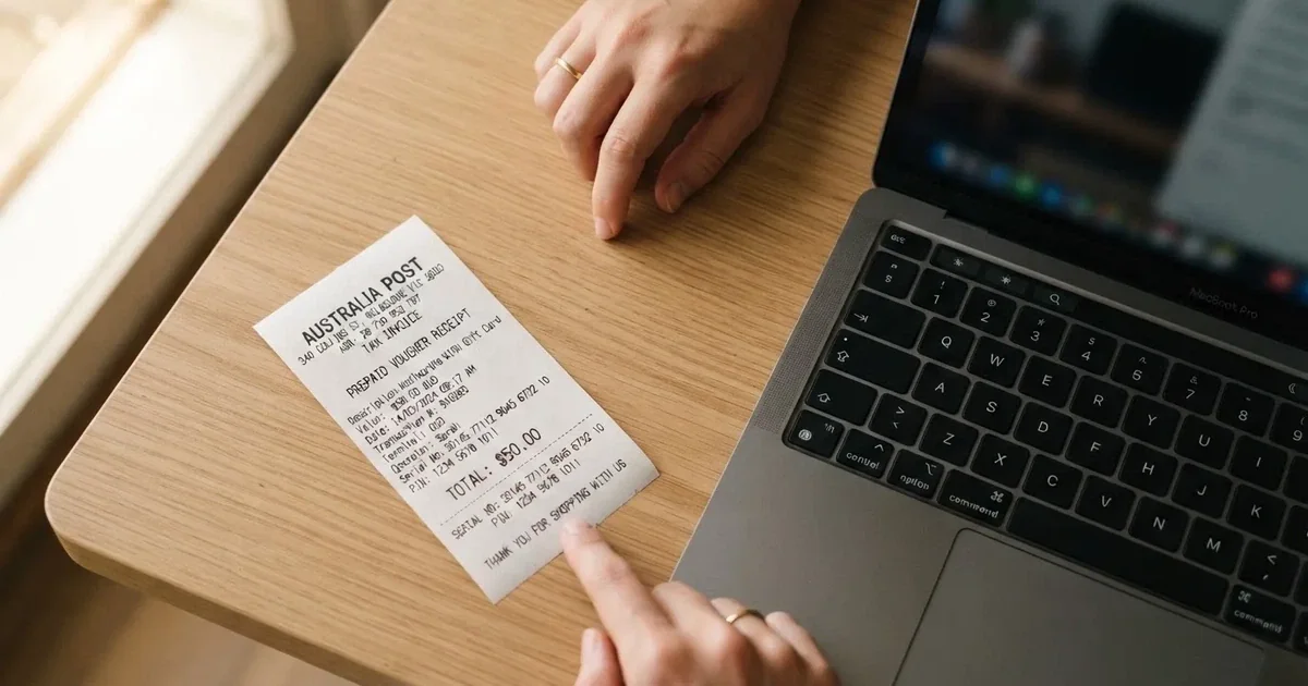 A printed prepaid voucher receipt lying beside a laptop keyboard.