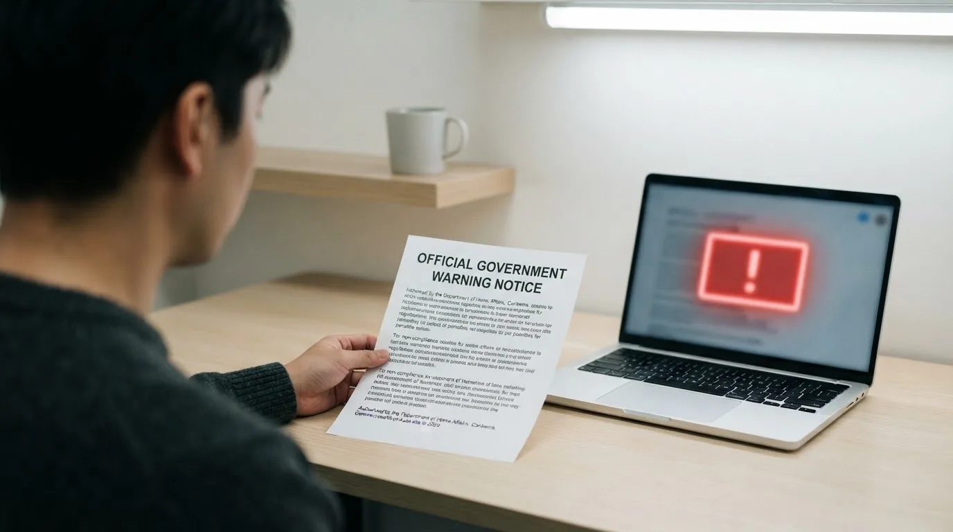 A printed government warning notice on a desk beside a laptop with a red alert icon on the screen.