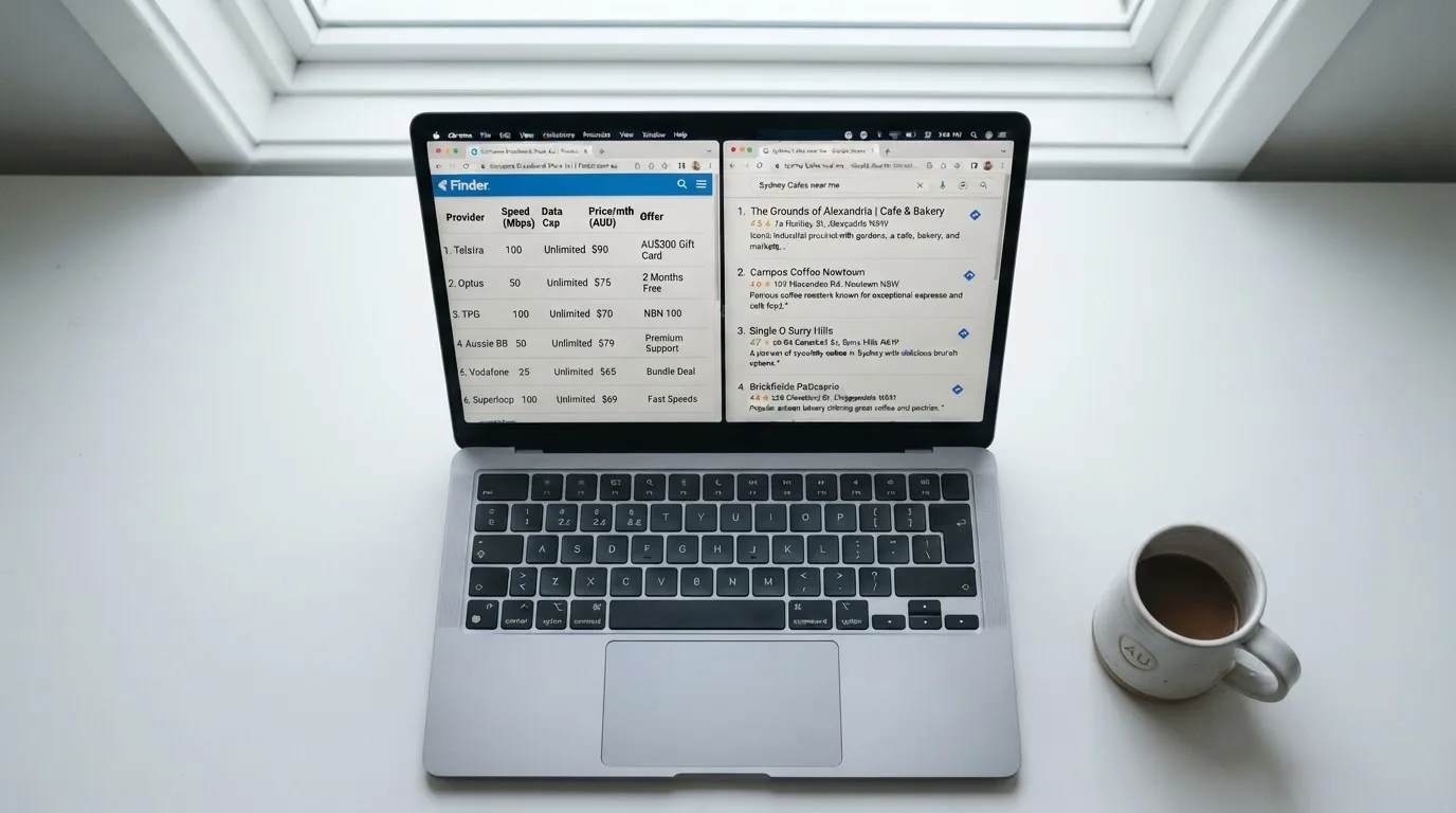 A laptop screen split between two browser tabs, one showing a comparison table and the other a search results page.