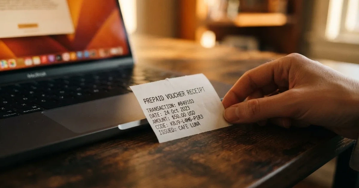A printed prepaid voucher receipt lying beside a laptop keyboard.