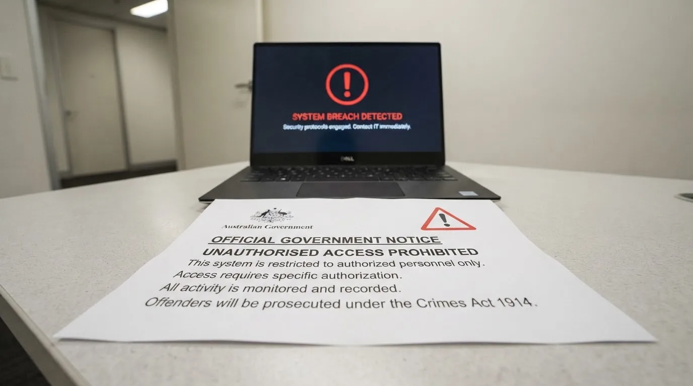 A printed government warning notice on a desk beside a laptop with a red alert icon on the screen.