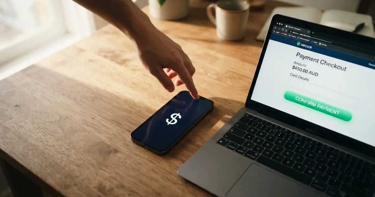A smartphone screen showing a digital wallet balance next to a laptop cashier page.
