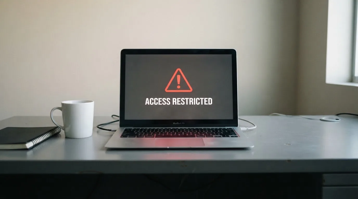A printed government warning notice on a desk beside a laptop with a red alert icon on the screen.