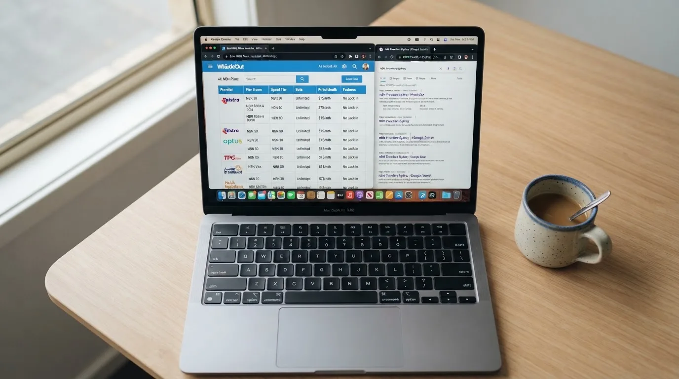 A laptop screen split between two browser tabs, one showing a comparison table and the other a search results page.