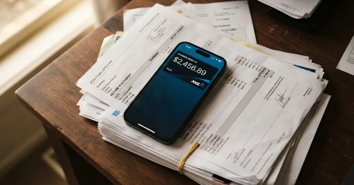 A phone showing a digital wallet balance screen resting on a stack of paperwork.