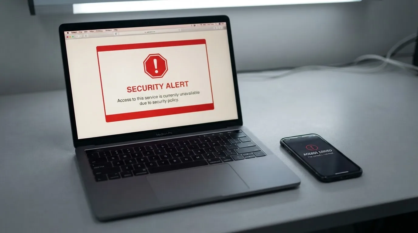 A printed government warning notice on a desk beside a laptop with a red alert icon on the screen.