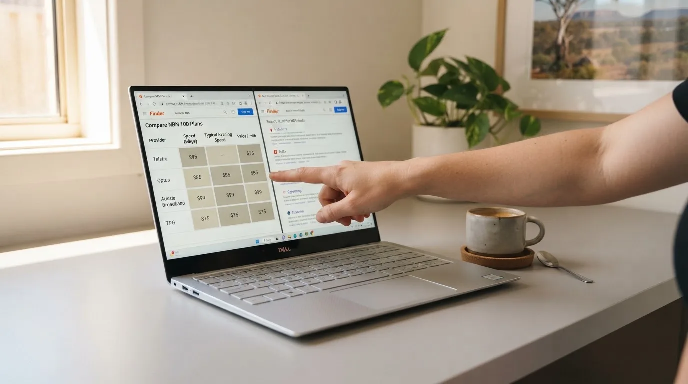 A laptop screen split between two browser tabs, one showing a comparison table and the other a search results page.
