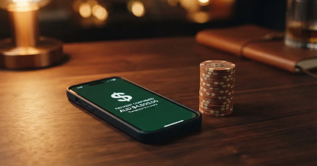 A phone displaying a bank transfer confirmation screen next to a stack of Australian dollar notes.