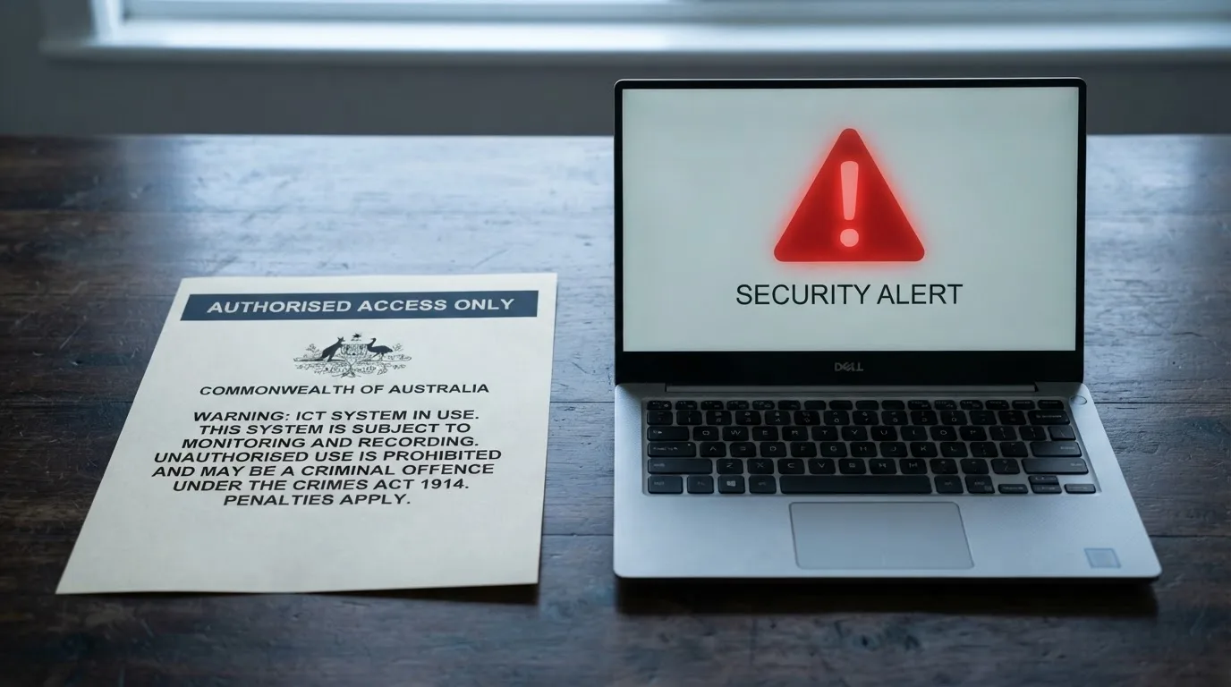 A printed government warning notice on a desk beside a laptop with a red alert icon on the screen.