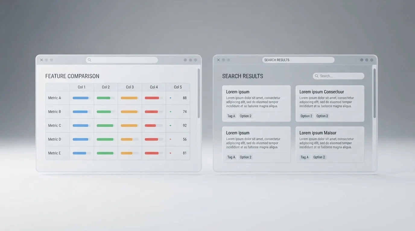 A laptop screen split between two browser tabs, one showing a comparison table and the other a search results page.