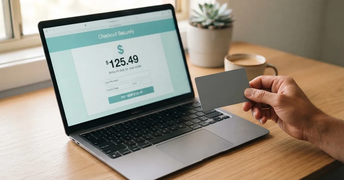 A hand holding a bank card next to a laptop showing an online payment form.