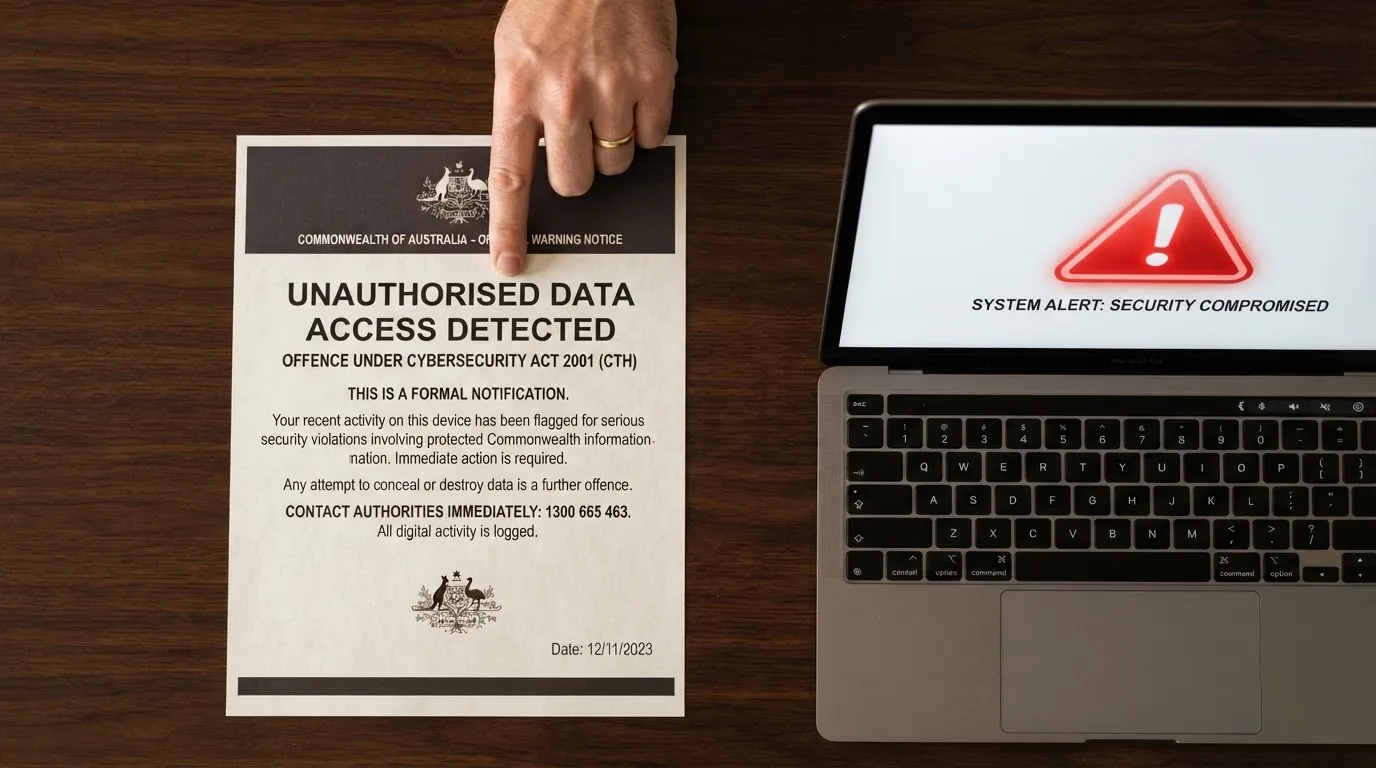 A printed government warning notice on a desk beside a laptop with a red alert icon on the screen.