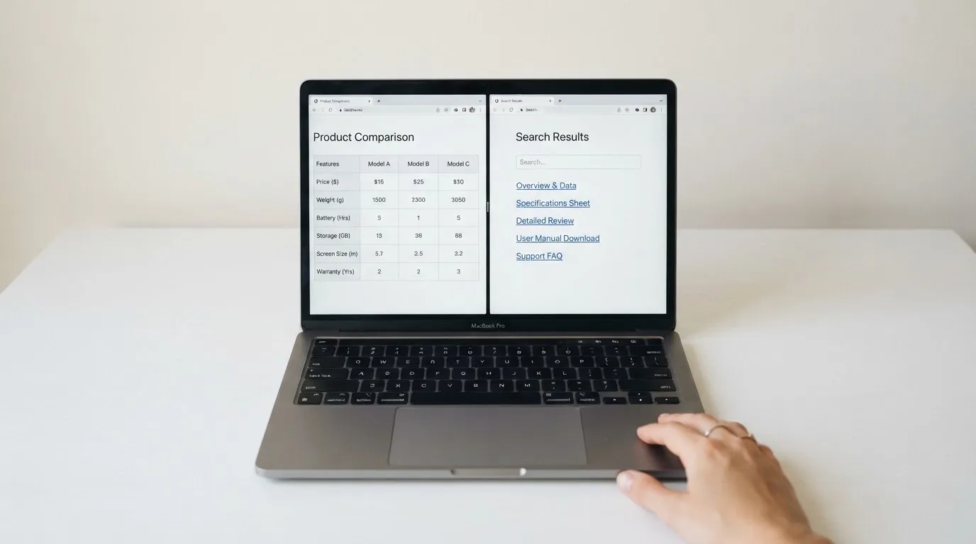 A laptop screen split between two browser tabs, one showing a comparison table and the other a search results page.