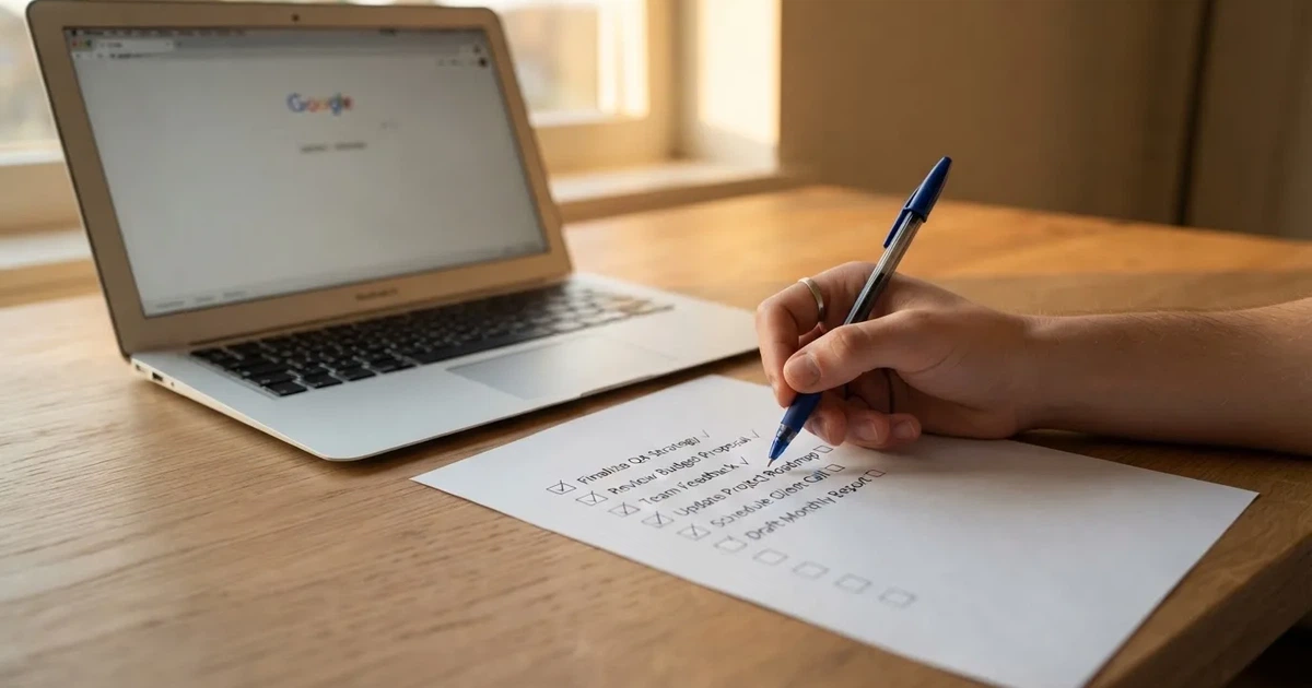 A hand ticking off boxes on a printed checklist next to a laptop.