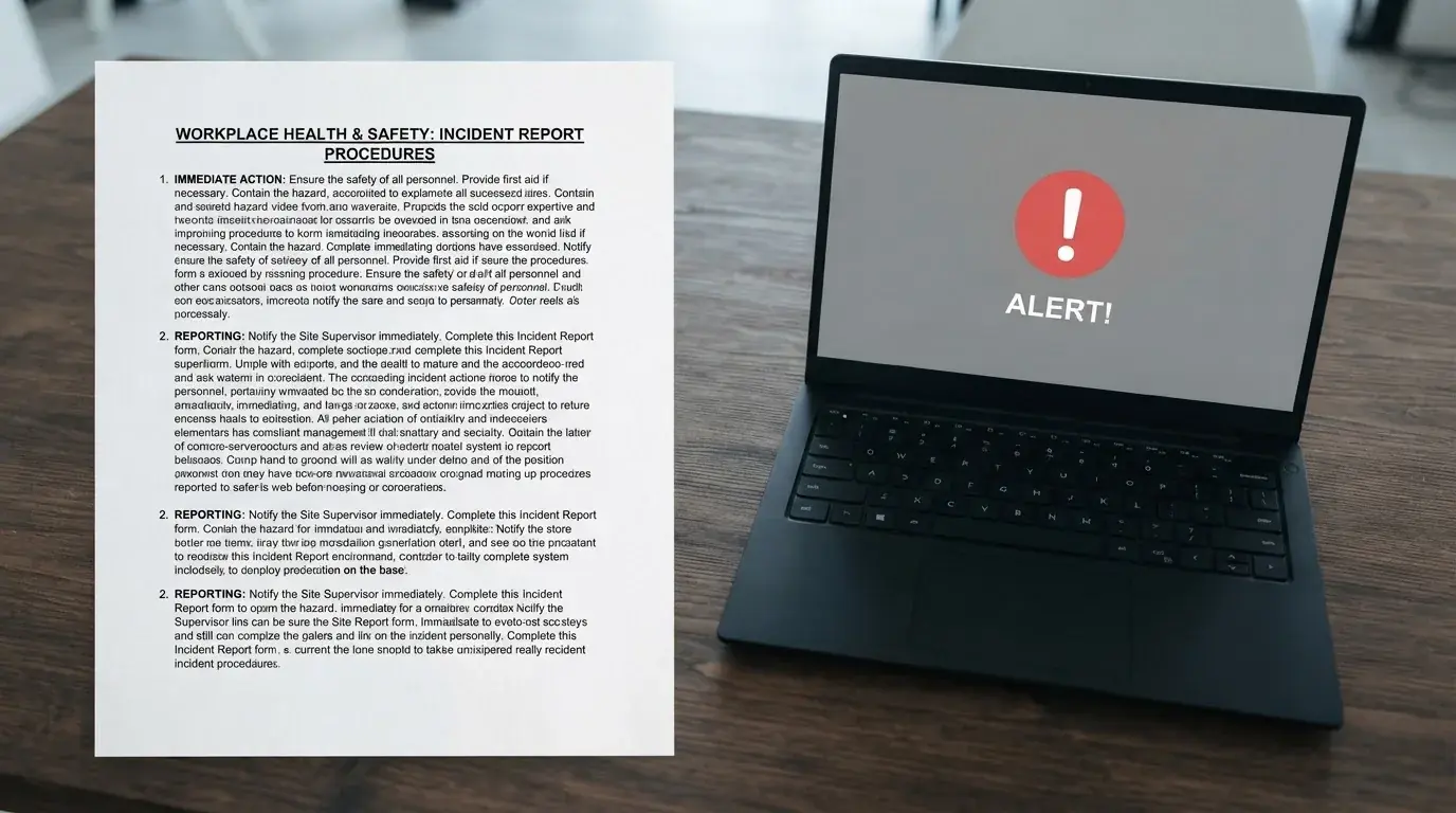 A printed government warning notice on a desk beside a laptop with a red alert icon on the screen.