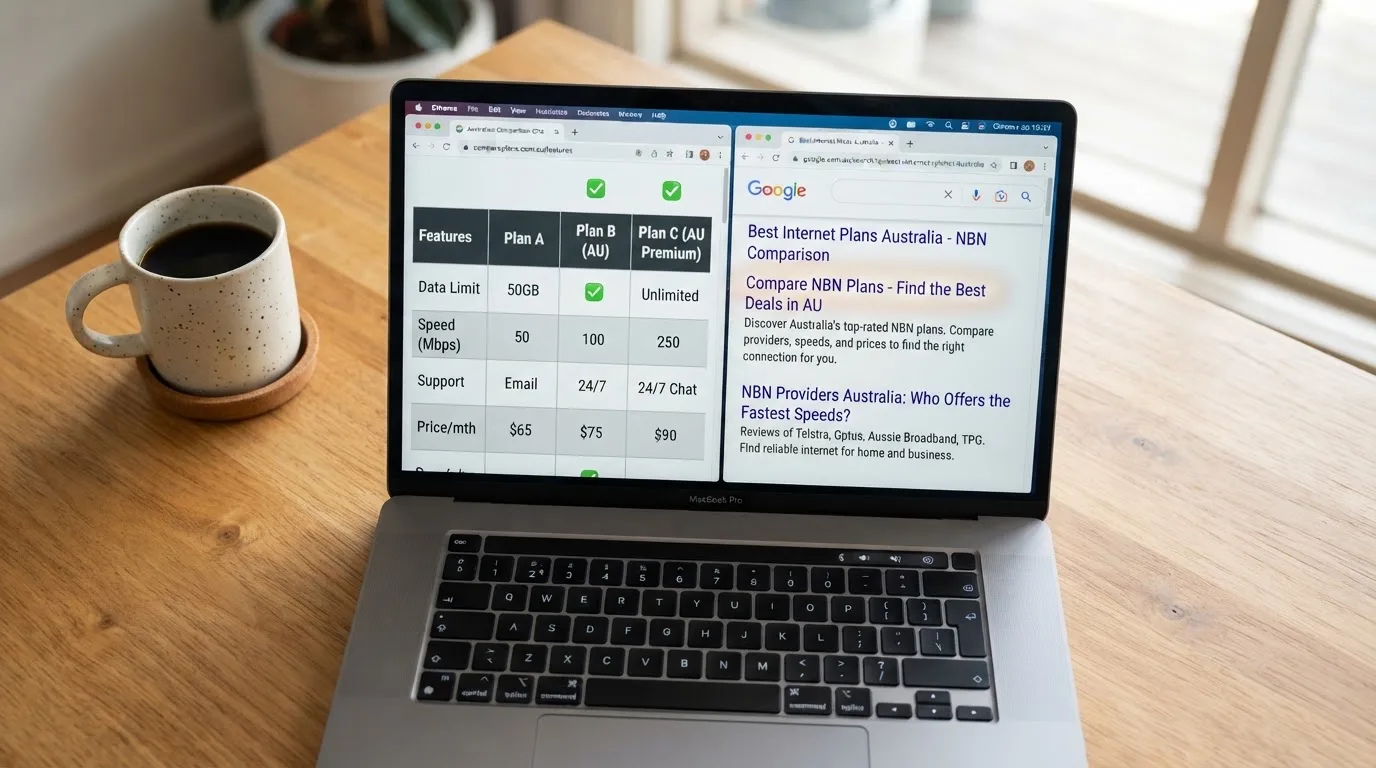 A laptop screen split between two browser tabs, one showing a comparison table and the other a search results page.