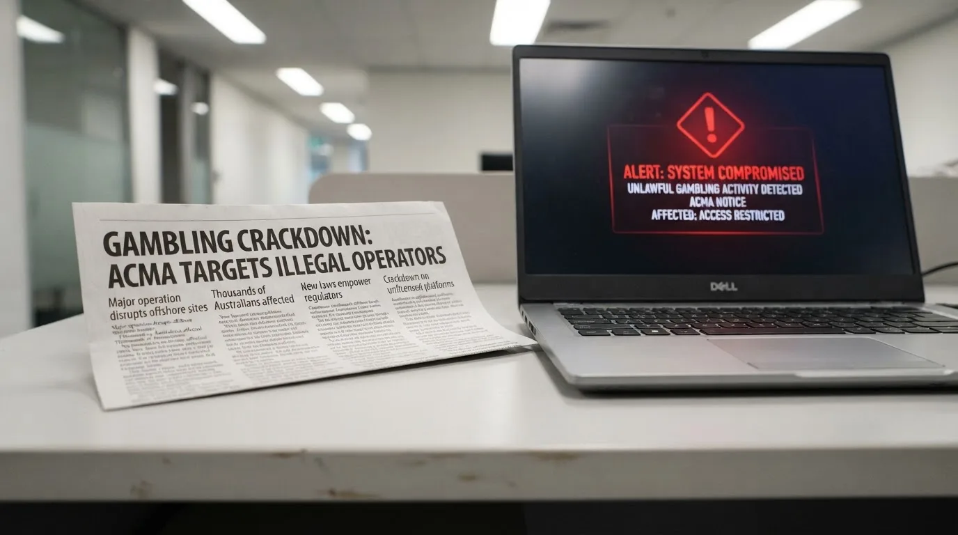 A printed government warning notice on a desk beside a laptop with a red alert icon on the screen.