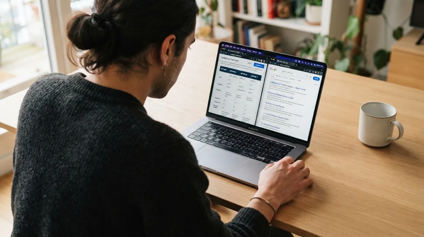 A laptop screen split between two browser tabs, one showing a comparison table and the other a search results page.