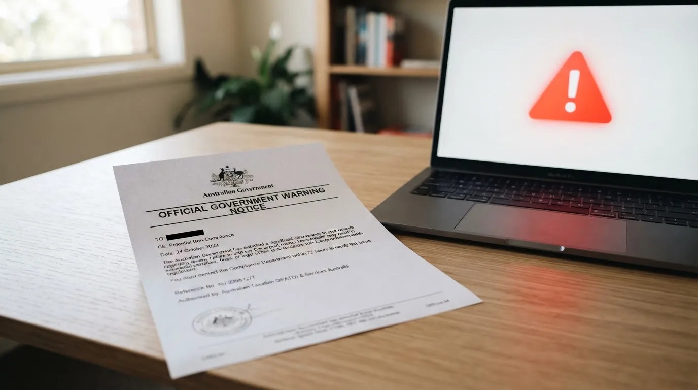 A printed government warning notice on a desk beside a laptop with a red alert icon on the screen.