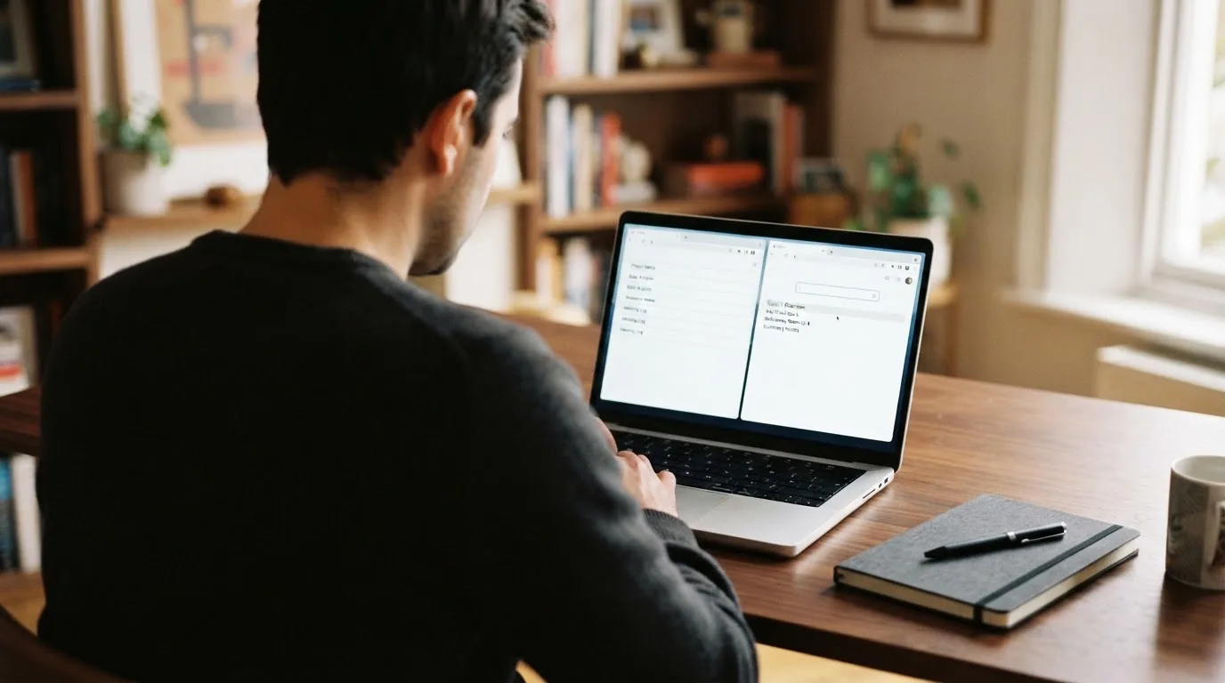 A laptop screen split between two browser tabs, one showing a comparison table and the other a search results page.