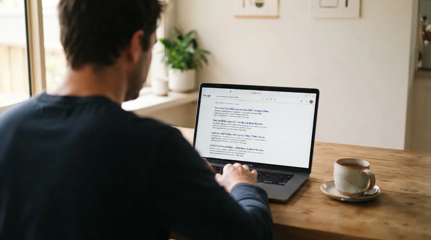 A person sits at a kitchen table, scrolling a laptop showing a general search results page about casino bonus offers.