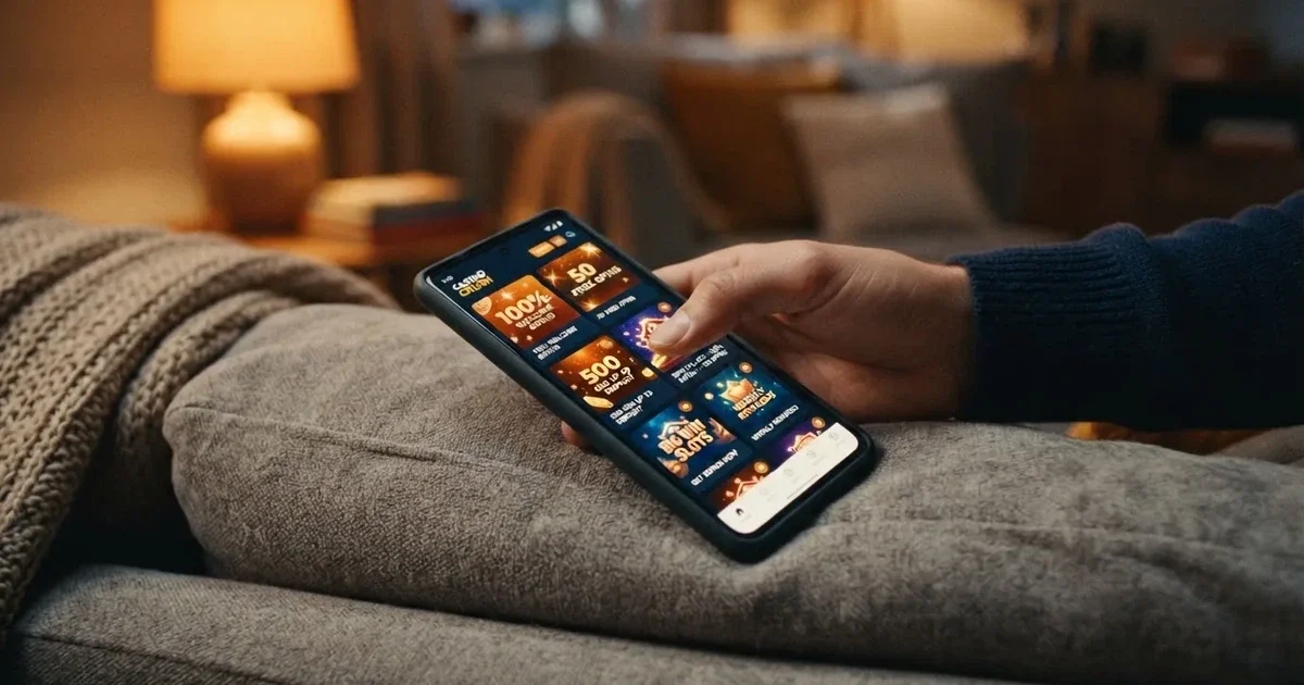 A phone screen shows a list of promotional bonus tiles as someone scrolls with one thumb on a couch in the evening.