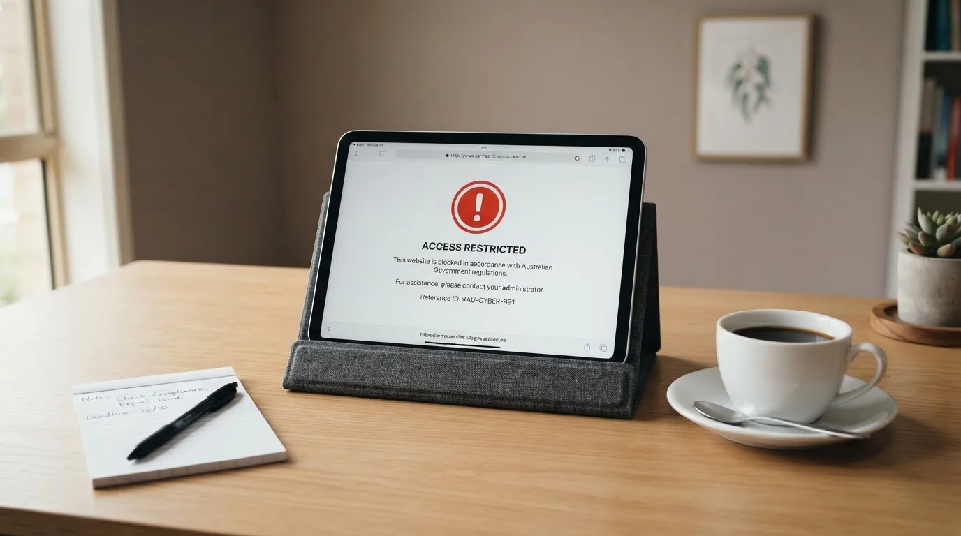 A tablet on a desk displays a plain government-style warning notice page, with a coffee cup beside it.