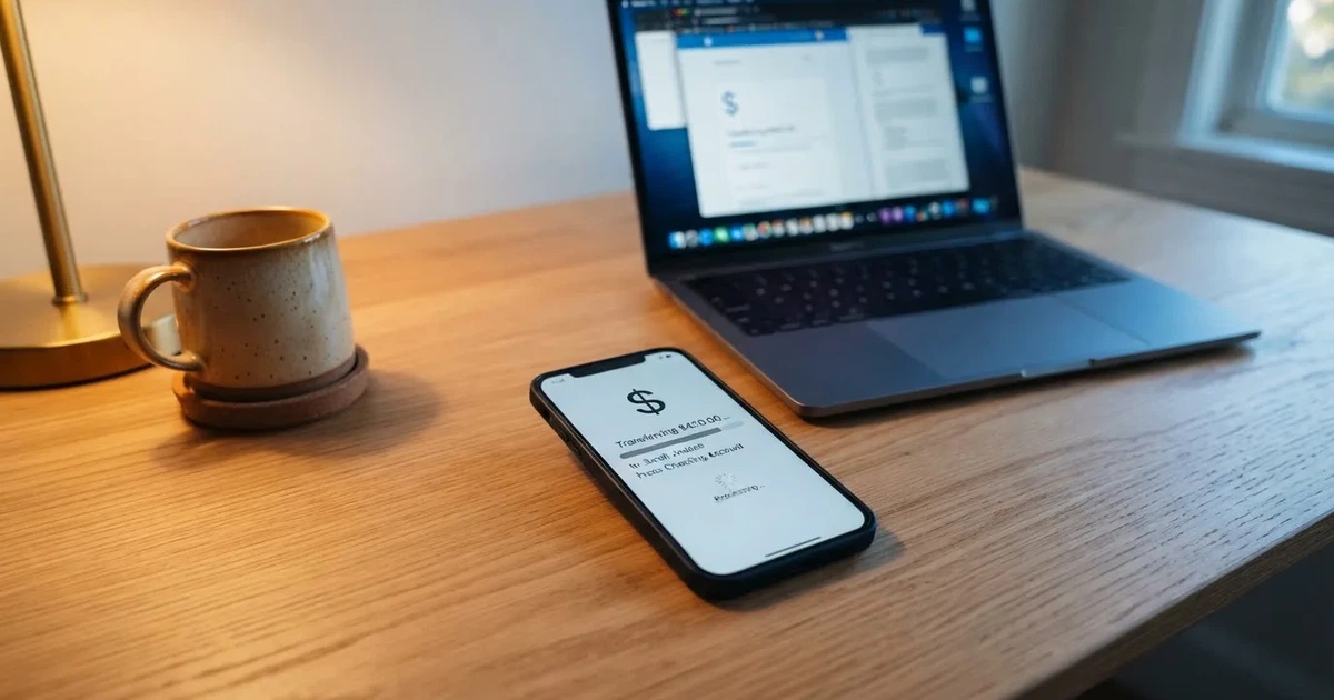 Close-up of a smartphone banking app open beside a laptop on a home desk, mid-transfer.