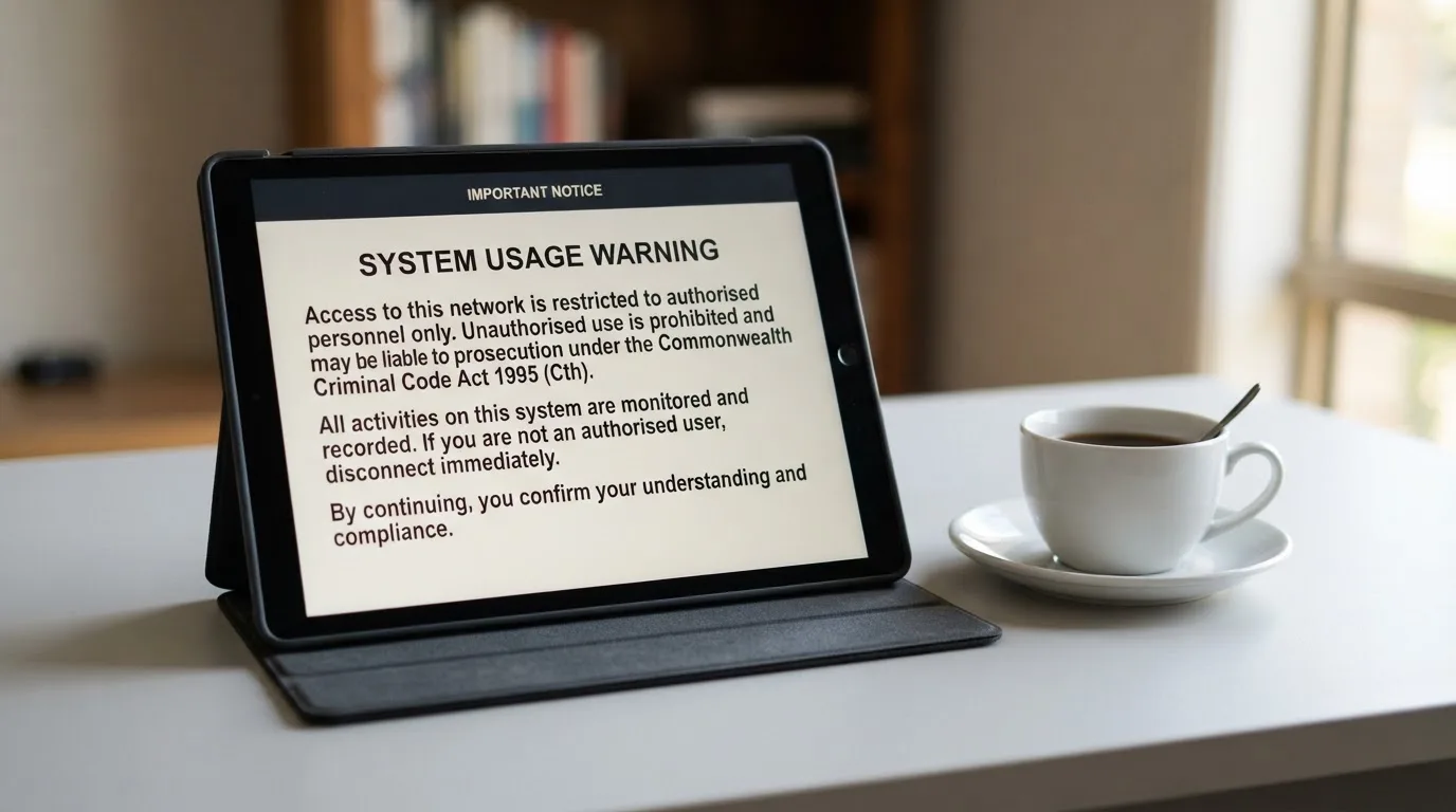 A tablet on a desk displays a plain government-style warning notice page, with a coffee cup beside it.