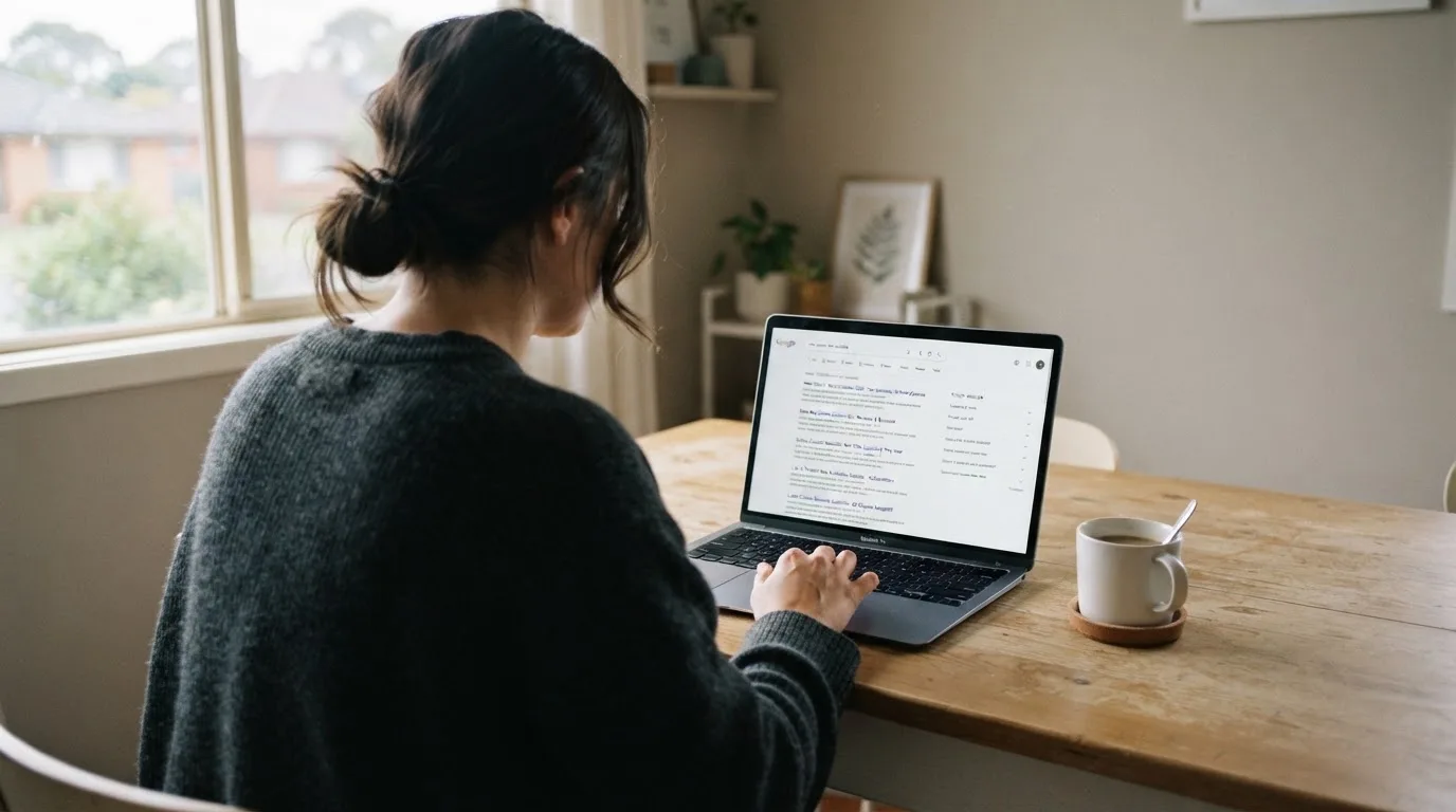 A person sits at a kitchen table, scrolling a laptop showing a general search results page about new casino sites.