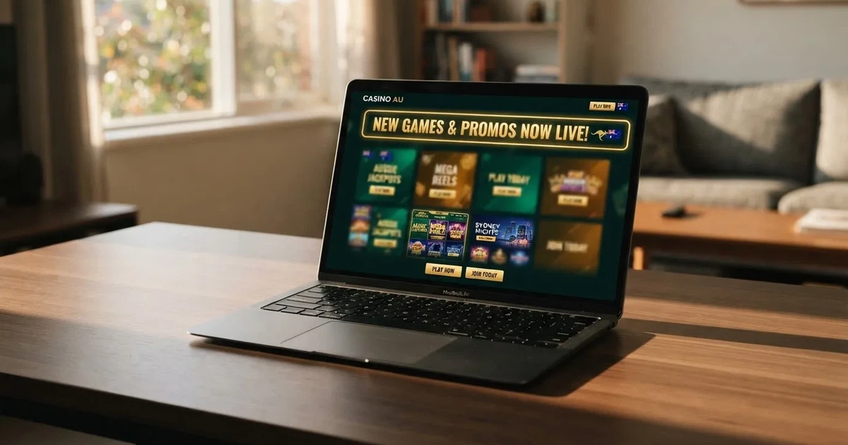 A laptop screen shows a freshly loading website homepage with a 'new' banner, on a plain desk.