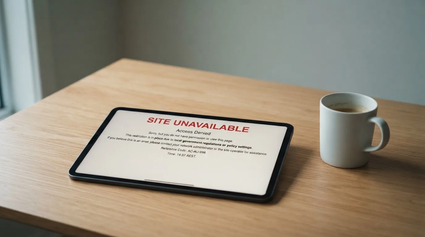 A tablet on a desk displays a plain government-style warning notice page, with a coffee cup beside it.