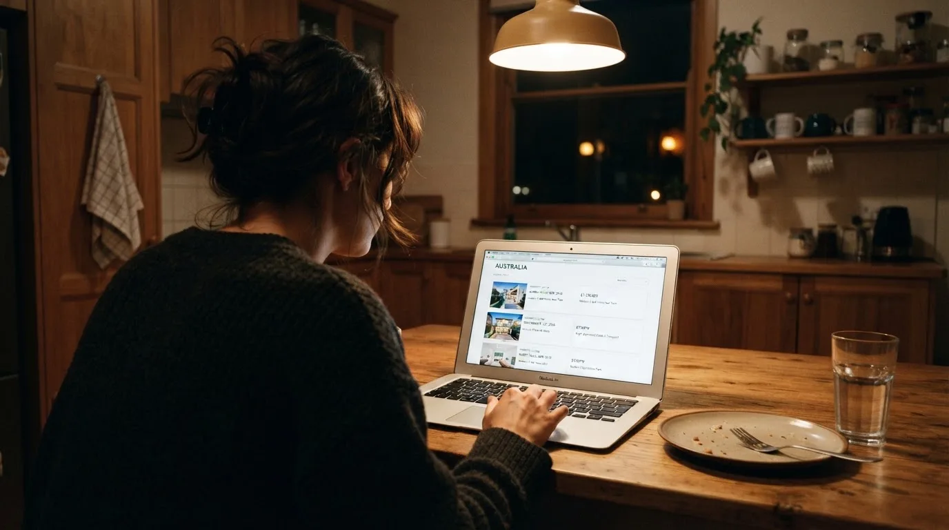 A person sits at a kitchen table in the evening, scrolling a laptop showing a general search results page about bonus offers.
