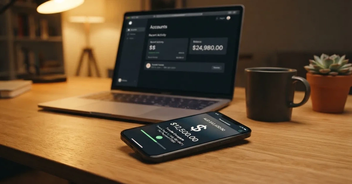 Close-up of a smartphone banking app open beside a laptop on a home desk, mid-transfer.