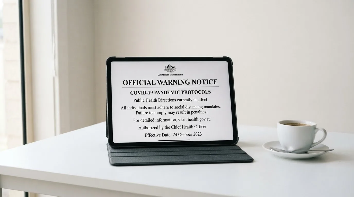 A tablet on a desk displays a plain government-style warning notice page, with a coffee cup beside it.