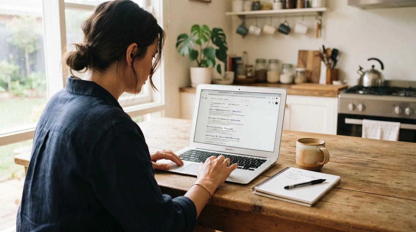 A person sits at a kitchen table, scrolling a laptop showing a general search results page about bonus terms.