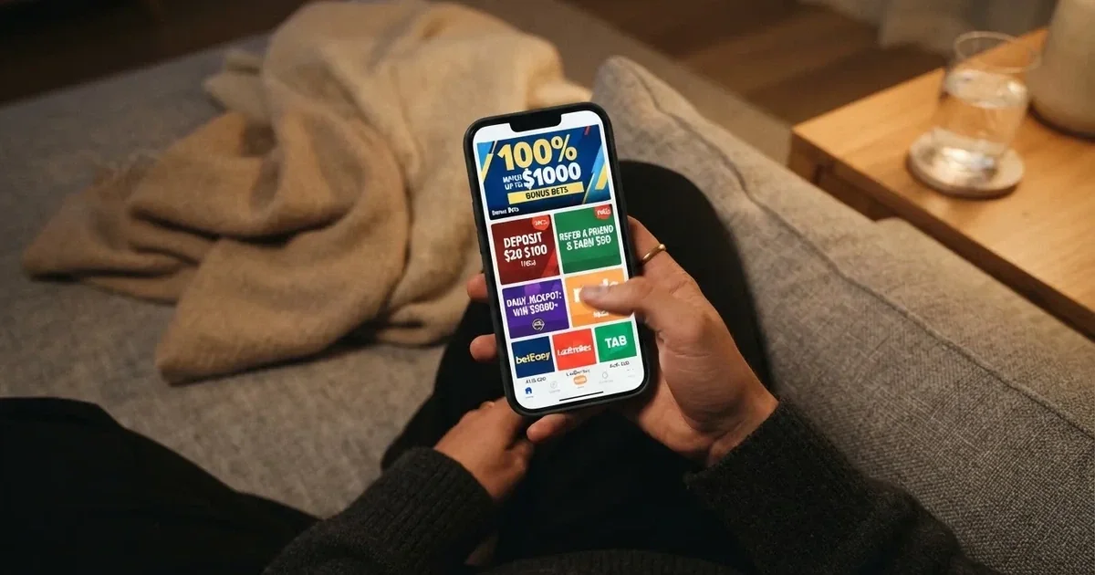 A phone screen shows a list of promotional bonus tiles as someone scrolls with one thumb on a couch.