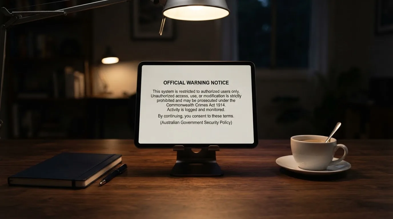 A tablet on a desk displays a plain government-style warning notice page, with a coffee cup beside it.