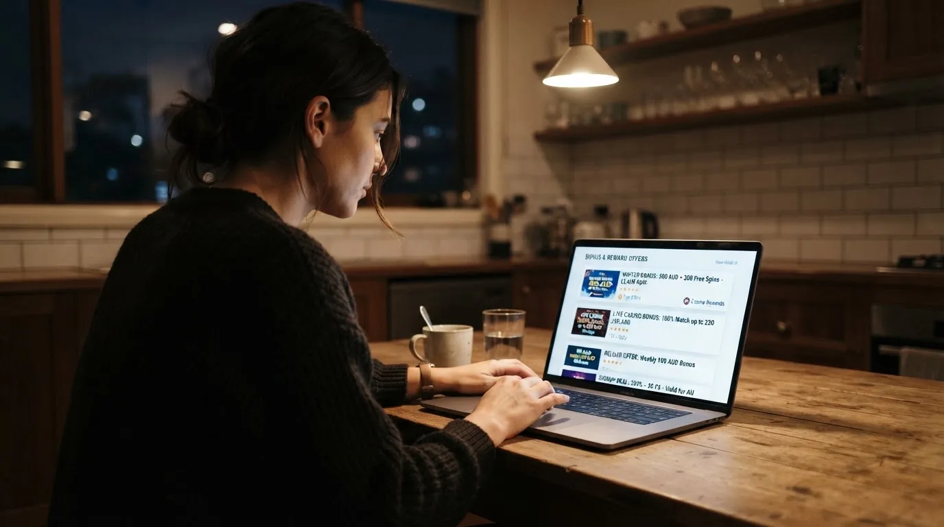A person sits at a kitchen table in the evening, scrolling a laptop showing a general search results page about bonus offers.