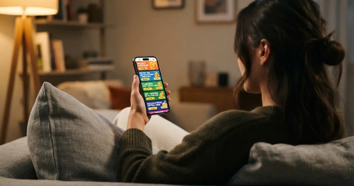 A phone screen shows a list of promotional bonus tiles as someone scrolls with one thumb on a couch.