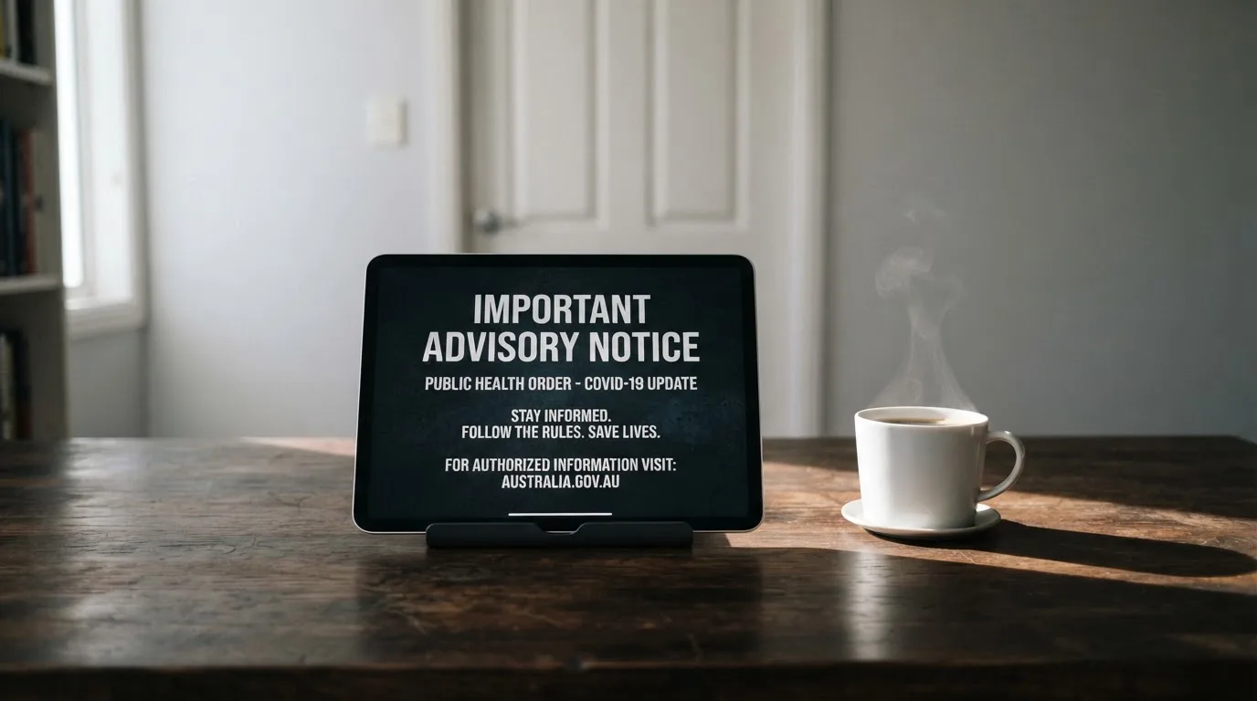 A tablet on a desk displays a plain government-style warning notice page, with a coffee cup beside it.