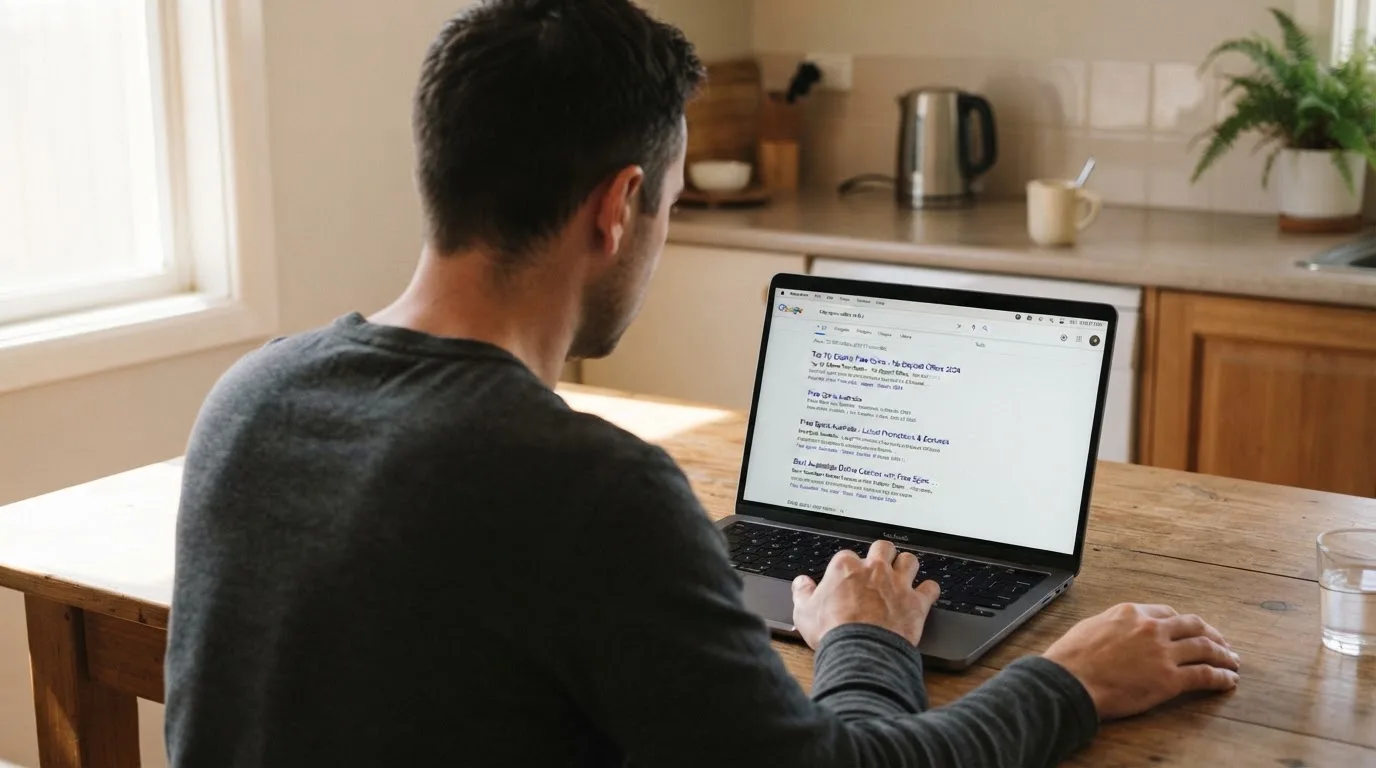 A person sits at a kitchen table, scrolling a laptop showing a general search results page about free spins offers.