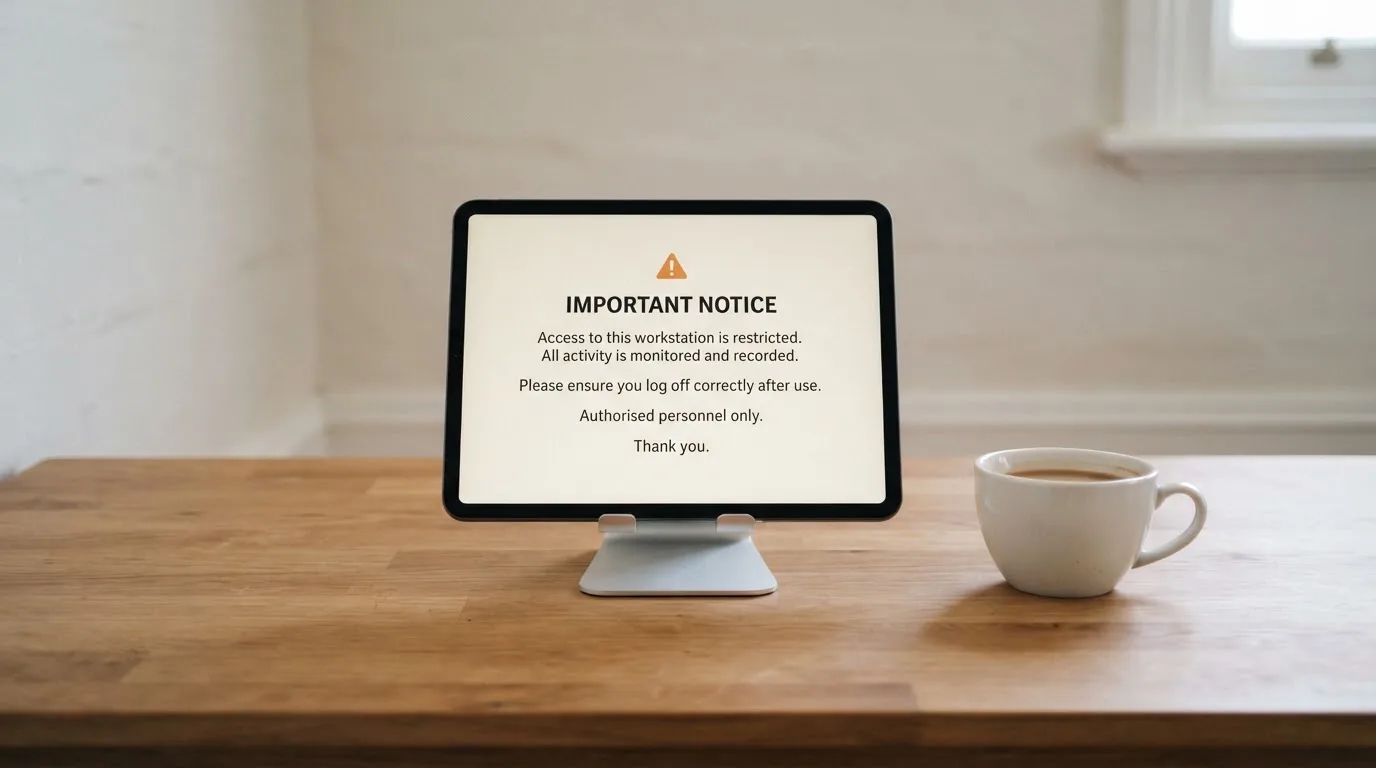 A tablet on a desk displays a plain government-style warning notice page, with a coffee cup beside it.