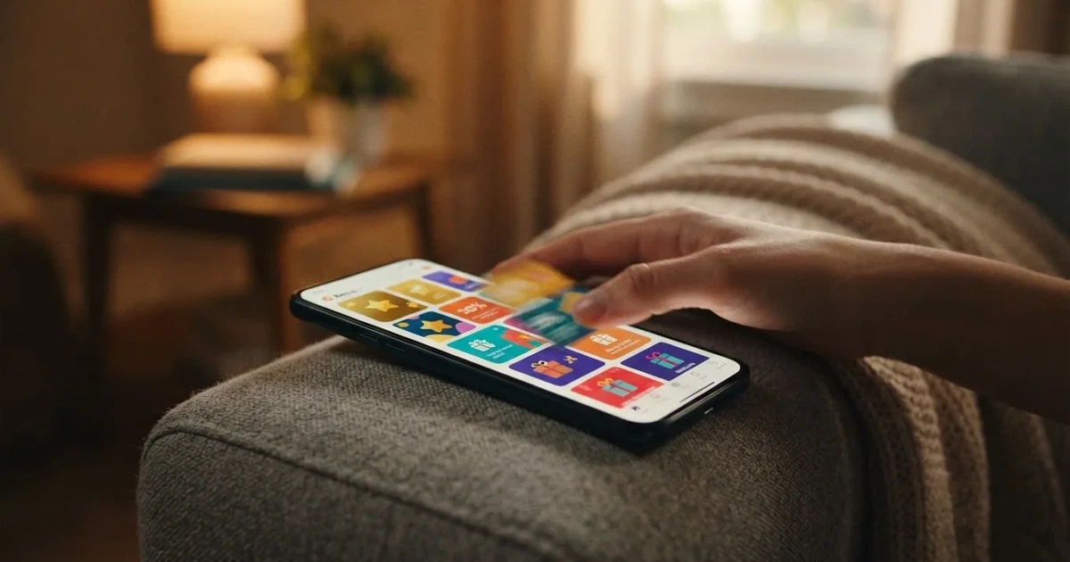 A phone screen shows a list of promotional bonus tiles as someone scrolls with one thumb on a couch.